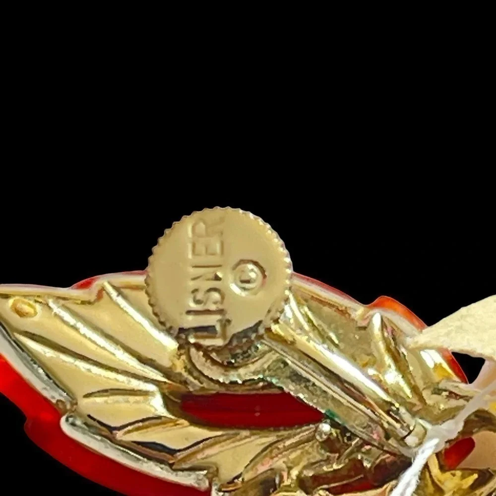 Vintage 1960’s Lisner Vibrant Orange Transparent  Leaf & Rhinestone Earrings